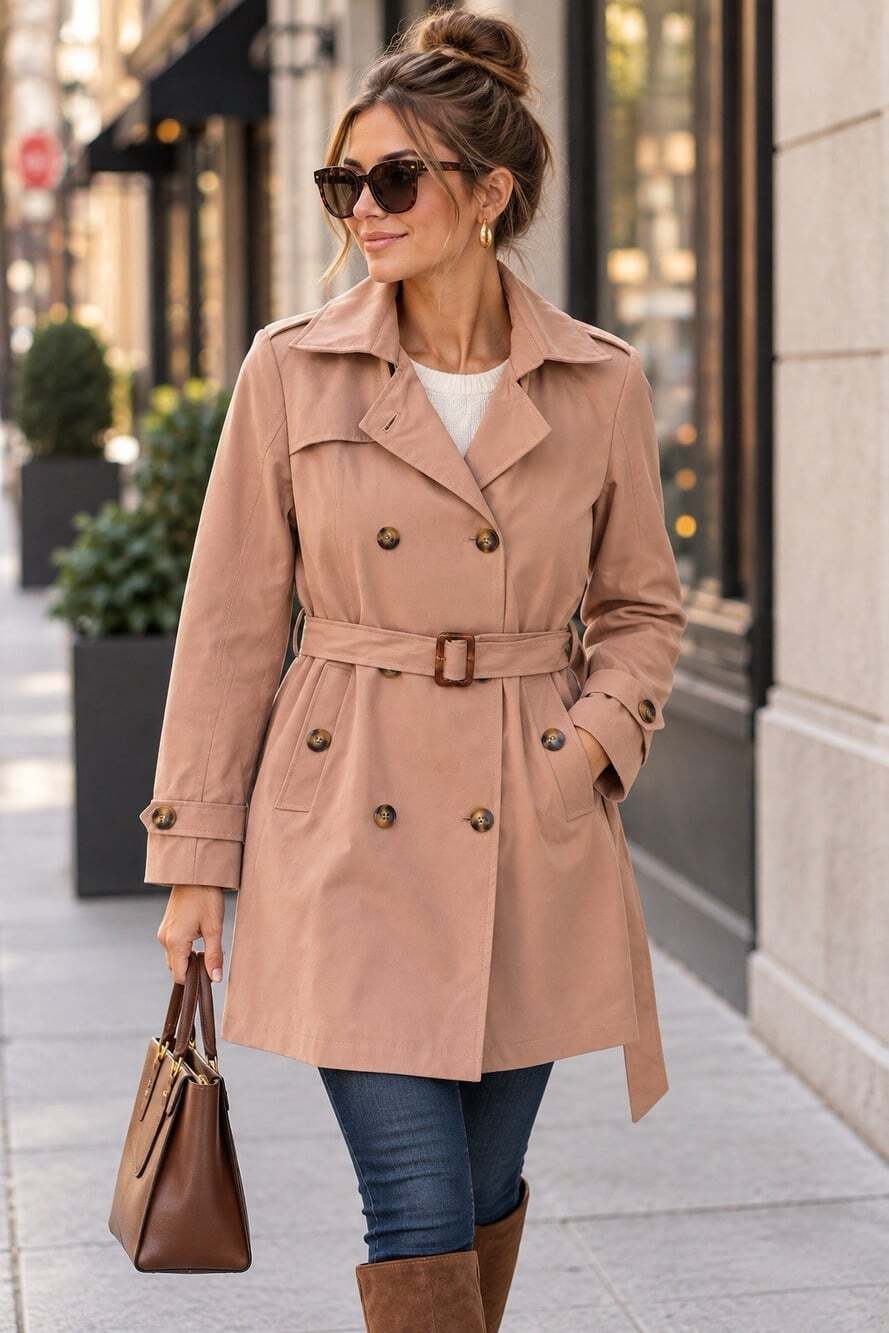 Camel Trench Coat Women S Removable Hood Double Breasted Classic Belted Khaki